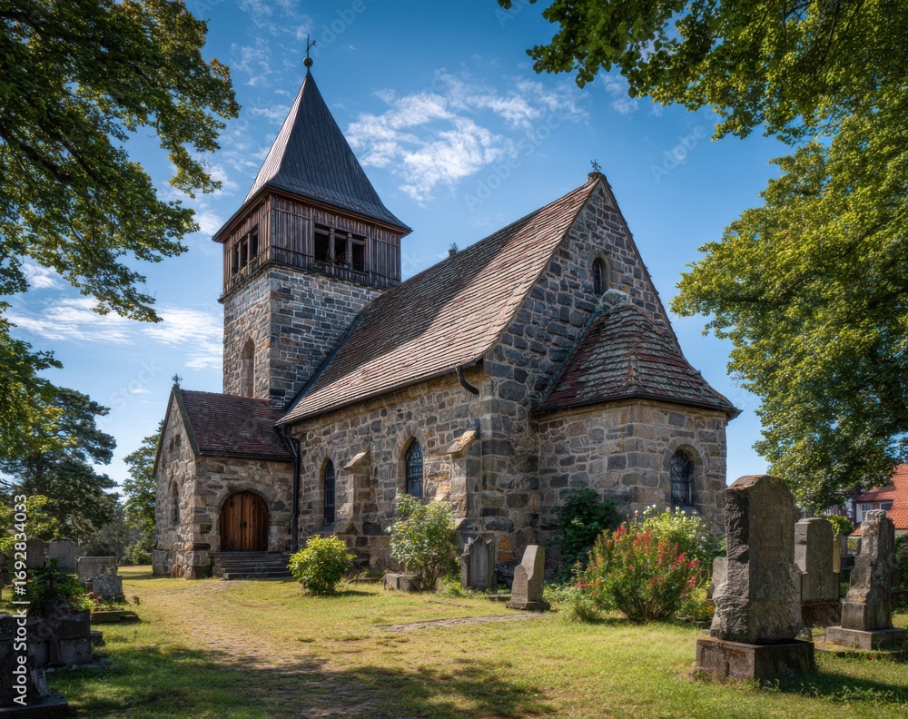 Fototapeta premium A stone church surrounded by a cemetery