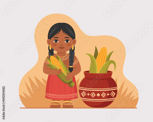 Indigenous Girl with Corn Harvest A Vibrant Illustration