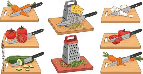 Cutting boards with vegetables, cheese, garlic, and kitchen tools showing slicing and grating techniques in food preparation vector illustration design