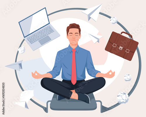 Modern flat vector illustration of a businessman meditating for stress relief in a busy office