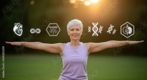 Active senior with longevity health icons, vitality, and wellness.