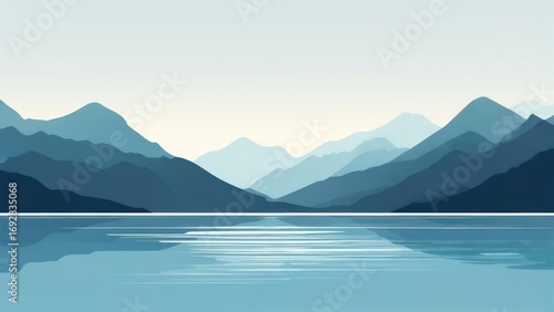 Layered Blue Mountain Range with Serene Lake Reflection