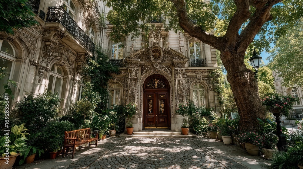 Fototapeta premium Ornate residential doorway under a clear blue sky