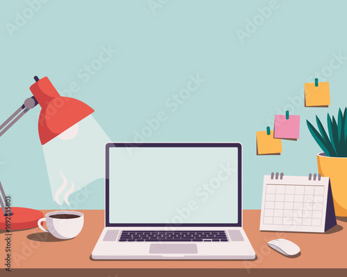 Minimalist Desk Setup with Laptop, Lamp, and Calendar for Productivity