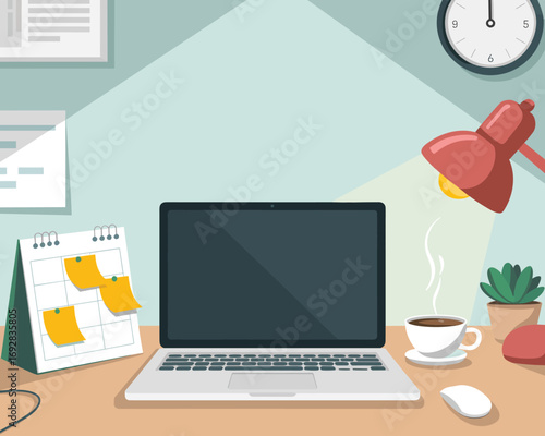 Charming flat vector illustration of a modern home office desk for remote work or studying