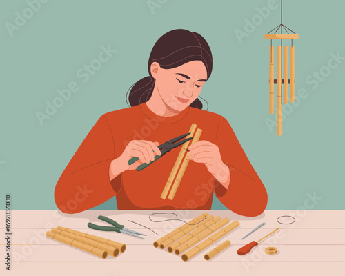 Woman Crafting Bamboo Wind Chimes A DIY Hobby