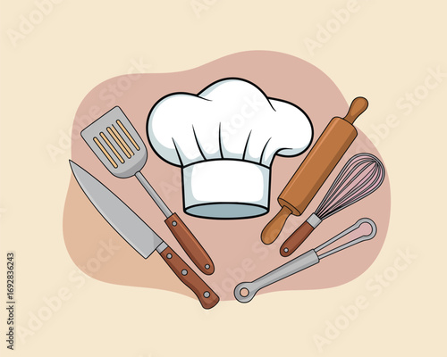 Flat vector illustration of baking utensils, including a chef's hat, knife, whisk, and rolling pin