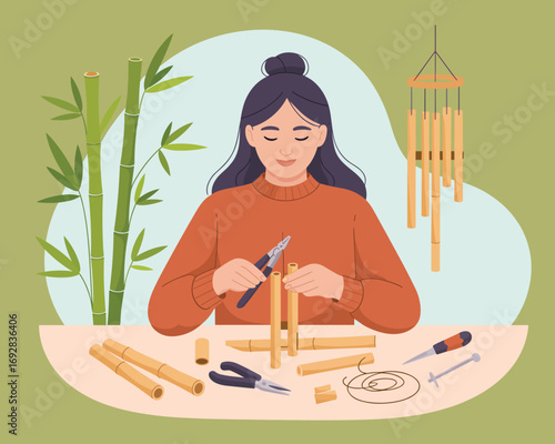 Flat vector illustration of a woman crafting handmade bamboo wind chimes at home
