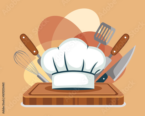 Chef's Hat and Kitchen Utensils on Cutting Board