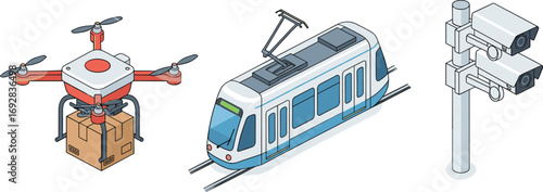 Urban drone delivery, electric tram transport, and surveillance camera system in smart city infrastructure with modern technology and logistics concept