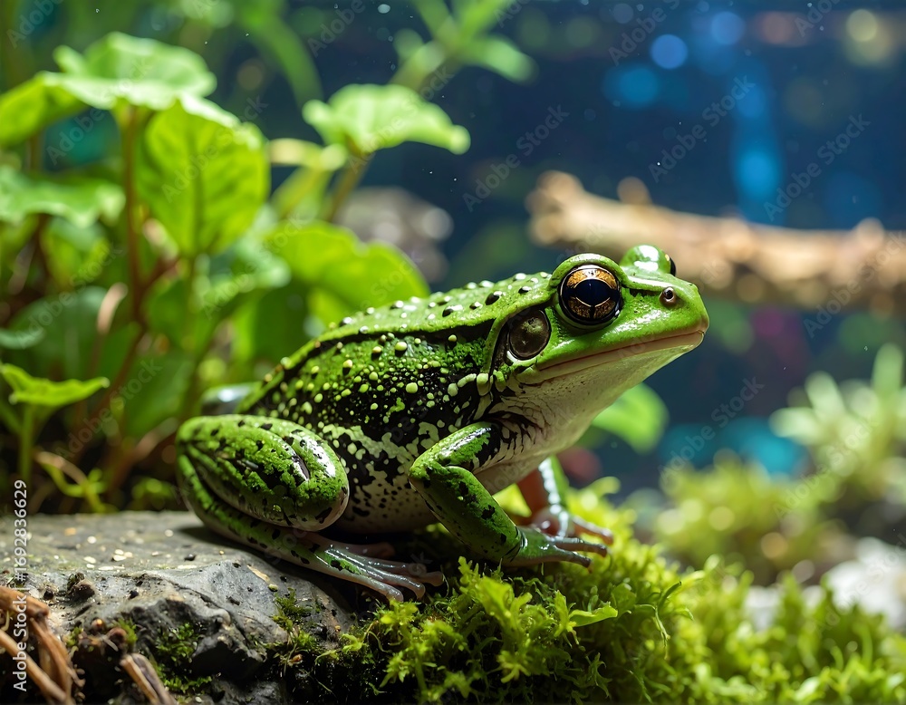 Fototapeta premium Close-up of a vibrant green frog in a lush terrarium