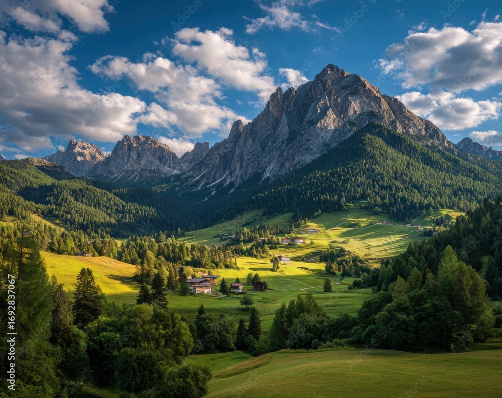Fototapeta premium Scenic mountain valley bathed in sunlight