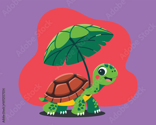 Charming Green Turtle Walking Happily Under a Broad Leaf Umbrella, Protected from the Elements in a Whimsical Nature Scene