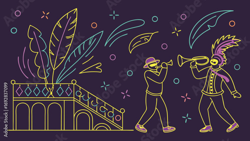 Neon Line Art Carnival Musicians Festive Celebration Illustration
