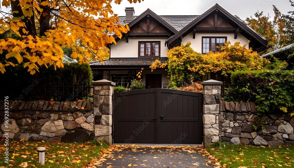 Naklejka premium Autumn home exterior with fall foliage