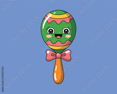 Cute cartoon maraca with a smiling face and pink bow, a charming flat vector illustration