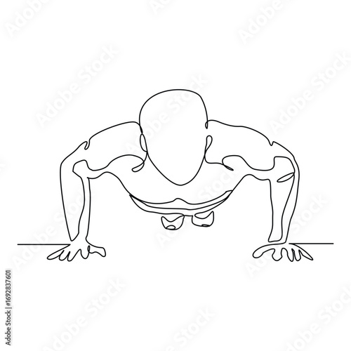 Continuous line of sporty man push up work out. Single line drawing editable stroke vector illustration of gym fitness and healthy life style