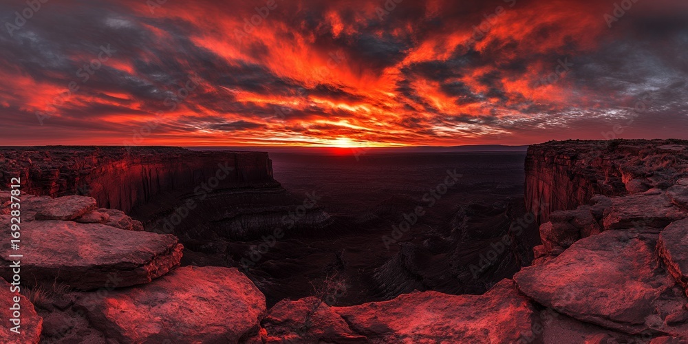 Fototapeta premium Dramatic fiery sunset over vast canyon landscape with textured rocks in foreground