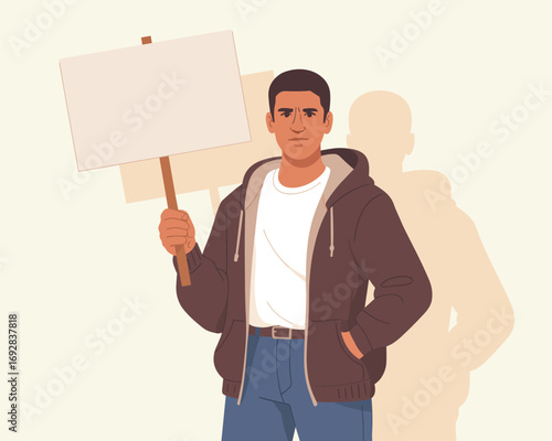 Determined Young Man Holding a Blank Protest Sign, Representing Social Activism and Public Advocacy for Change