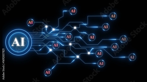 Glowing AI network with interconnected nodes and circuits on black background artificial intelligence