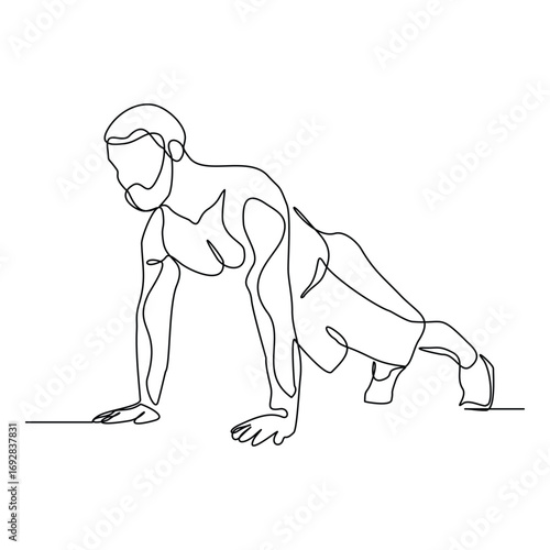 Continuous line of sporty woman push up work out. Single line drawing editable stroke vector illustration of gym fitness and healthy life style