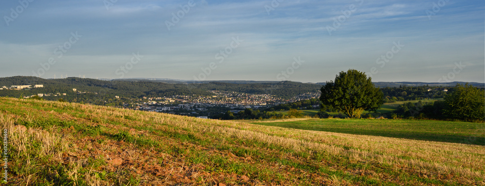 Obraz premium Weiter Blick über Felder zu Bergen mit Wald und Blick auf die Stadt