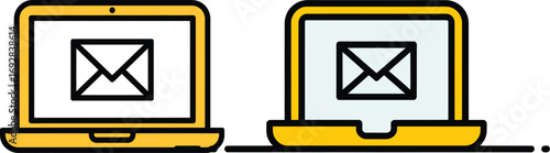 Vibrant digital communication shows two yellow laptops displaying email symbols, signifying efficient online messaging and vital electronic correspondence
