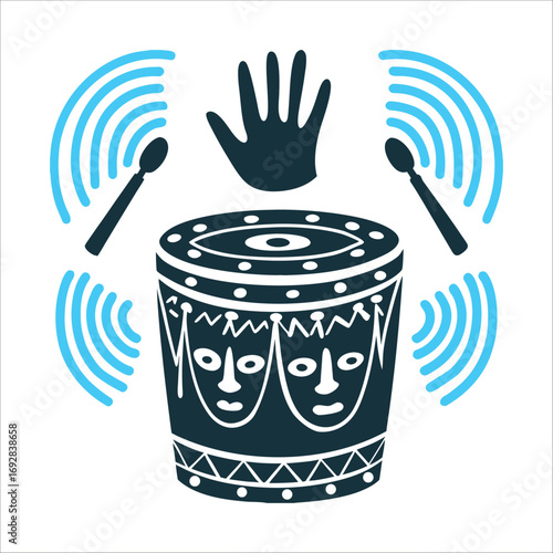 Sacred Drum Ingoma with Sound Waves and Handprint Drum with a handprint sound waves forming ancestral faces Sacred Drum Ingoma
