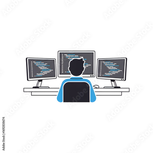 A stylized illustration of a software developer focused on coding across three computer screens. Represents programming, IT, and technology work.