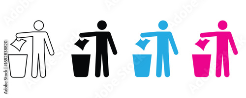 Trash icon set vector on white background. recycle, waste, garbage, bin, can, paper, litter, dump, throw, away, clean, environment, pollution, reduce, symbol.