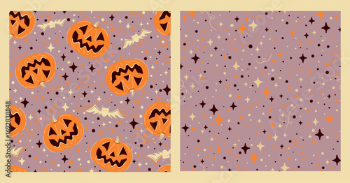 Halloween Pumpkins and Stars Seamless Patterns