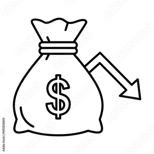 Money bag with downward arrow symbolizing financial loss and economic decline vector