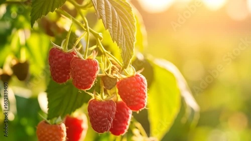 Ripe raspberries on vine