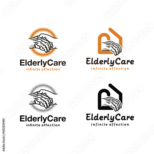 Elderly care logo with holding hands and sun arc, symbolizing compassion, support, and family protection