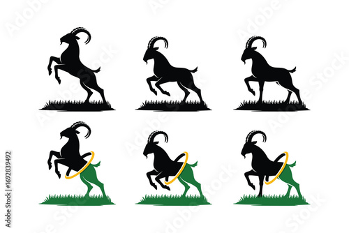 Vector design of a series of goat silhouettes in various poses, suitable for farming, ranching, dairy and agricultural branding