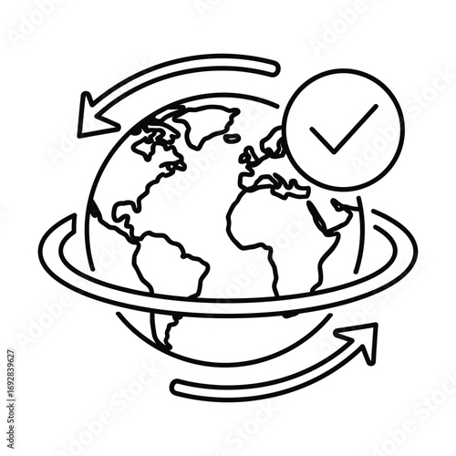 Global connection and approved status of earth globe with circular arrows and check mark vector