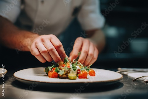 Chef meticulously garnishing a vibrant dish with fresh herbs in a modern kitchen setting