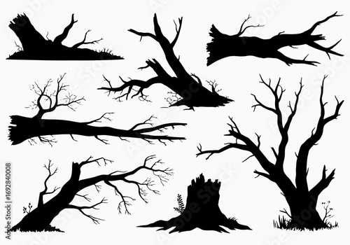 Silhouettes of dead and fallen trees in various poses