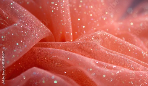 Close-up of coral-colored fabric with sparkling glitter