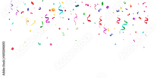 A festive background filled with colorful falling confetti and streamers. The confetti is in shades of red, orange, purple, teal, and pink, scattered randomly across the top of the image. The streamer
