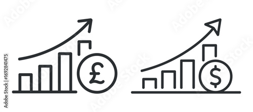 Dollar and Pound Sterling Financial Growth Chart Icons Representing Investment Success and Economic Development