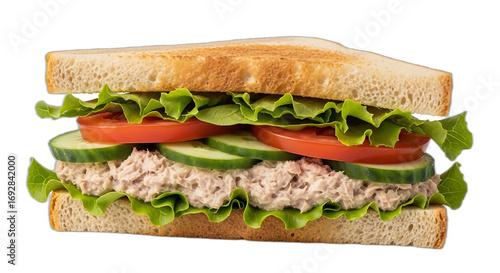 A sandwich with tuna salad and fresh vegetables