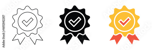 Approved check mark icon vector on white background.  badge, quality, ribbon, seal, success, certificate, guarantee, award, achievement, sign, symbol.
