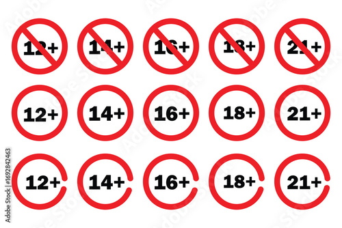 Free Download Age restriction icon set vector on white background. sign, limit, warning, prohibition, circle, red, number, plus, twelve, fourteen, sixteen, symbol.  - GFXLoad