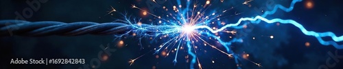 Close-up of sparking electrical wires, bright blue arcs crackling with intense energy, a visceral display of raw power , shocking, arc