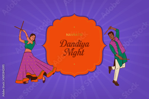 Dandiya Night Poster design template with an Indian couple celebrating the Navratri festival, Garba dance vector illustration 