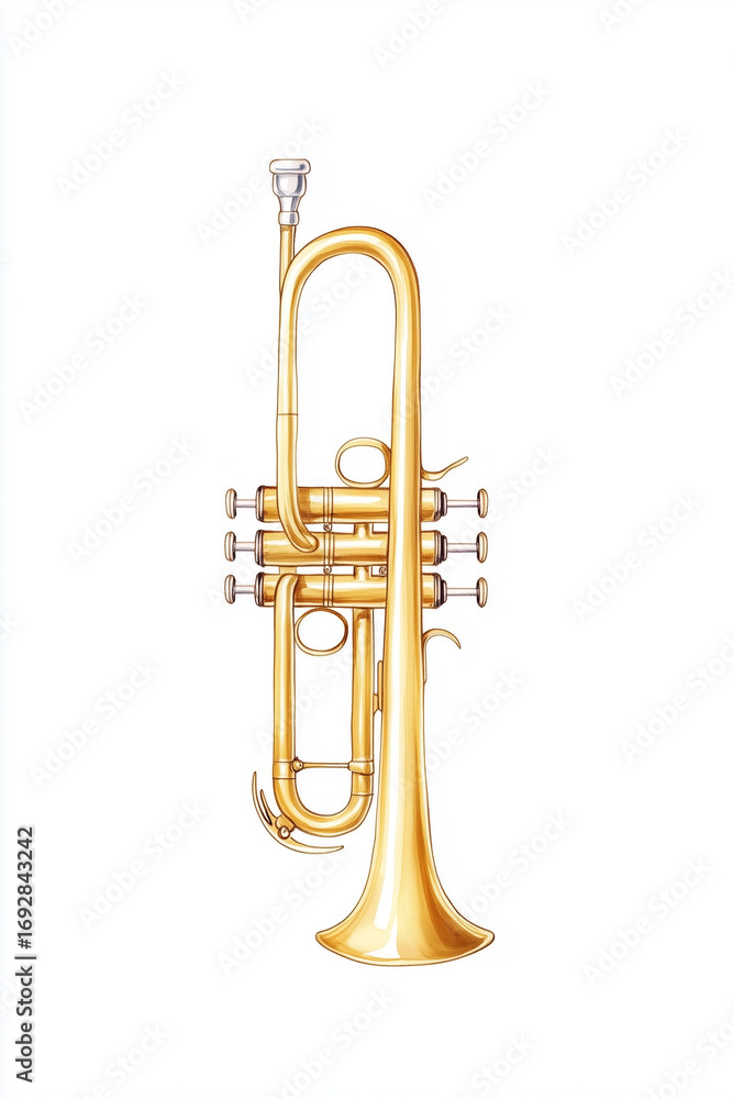 Fototapeta premium A gleaming brass trumpet against a clear background. Capturing the elegant form of the musical instrument with meticulous detail, from the bell to the valves.