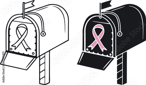 Donation Mailbox Icon with Awareness Ribbon in Outline and Solid Black Vector Style
