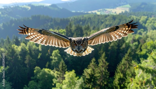 A majestic owl soars above a dense forest, its wings spread wide, catching sunlight and revealing intricate feather patterns. The background showcases a lush green landscape with rolling hills