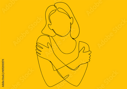 Minimalist line art of a woman hugging herself